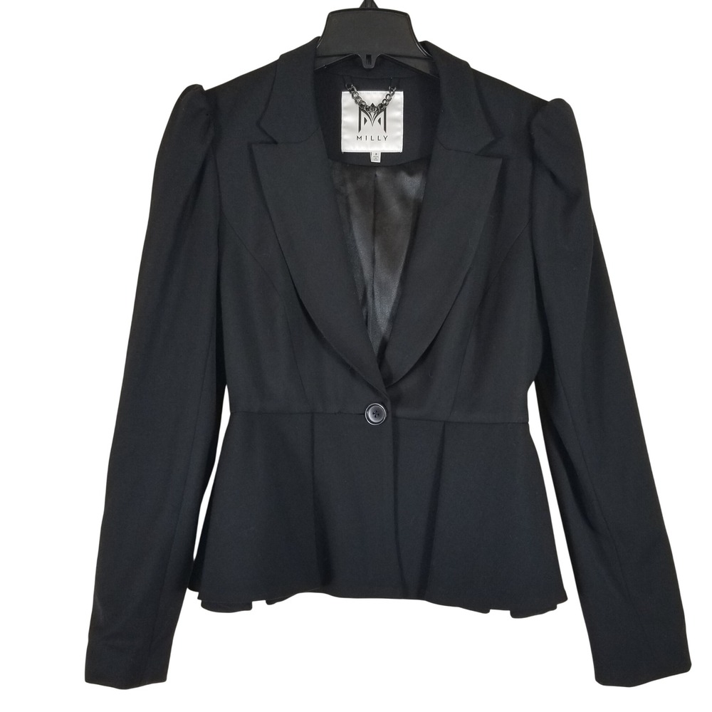 Milly Peplum Blazer Womens 8 Black Wool Blend Puff Sleeve Single Button Jacket